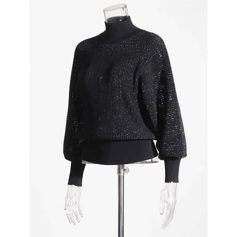 Women Stand Collar Lantern Sleeve Sweater